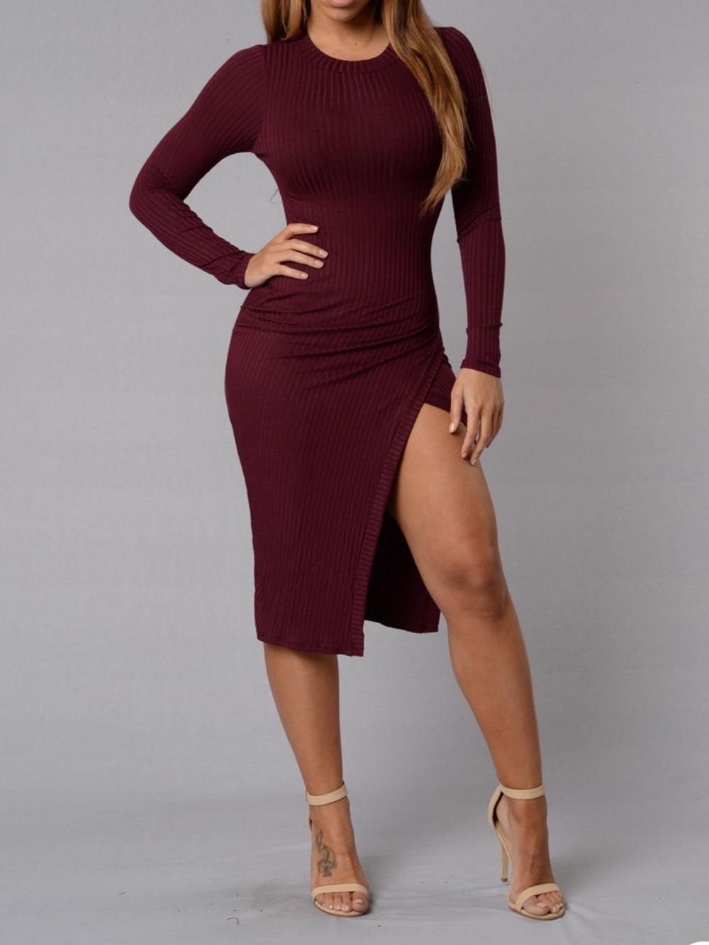 Fashion Nova Ribbed Long Sleeve Midi Dress in Burgundy Wine